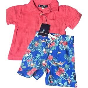 Ben Sherman Baby Boy  Red Shirt and Blue Floral Shorts Set Sz 12 M
